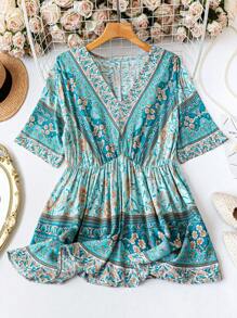 SHEIN LUNE Plus Size Women Retro Print V-Neck Short Sleeve Shirt Western Wear Women Boho Bohemian 90s Clothes Festival,Summer Outfits For Women, Concert Outfit Women, Rave Outfits Festival, Spring Break Outfits, Western Wear Women, Cowgirl Outfit, Boho, Bohemian, Country Summer Boho Old Money Summer Outfits For Women Spring Break Rave Outfits Festival Spring Break Outfits