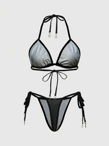 ROMWE Goth Conjunto de lencería tipo tanga con decoración de cruz gótica y estrella en forma de triángulo para mujeres - Negro - Ver 2