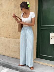 SHEIN Frenchy Women's Blue Striped Vacation Casual Fashion Trousers For Summer Daily Wear