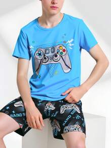 Conjunto de pijama con estampado de consola de juegos para adolescentes varones, material suave de seda de leche, top azul y pantalones cortos, ropa casual para el hogar