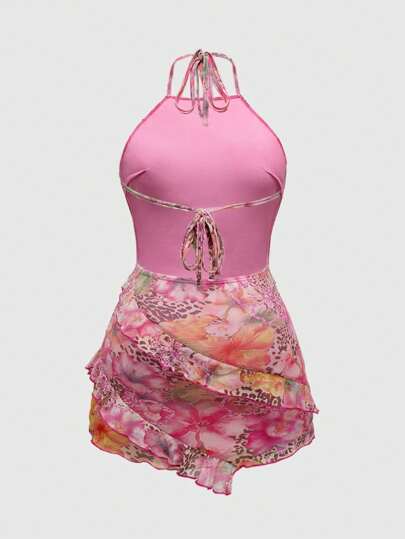 ROMWE Avant Y2K Vintage Beach Resort Sexy Leopard & Floral Print Women Dress
