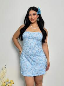 Firerie 大码女式优雅简约花卉纹理无袖紧身迷你连衣裙，适合下午茶聚会