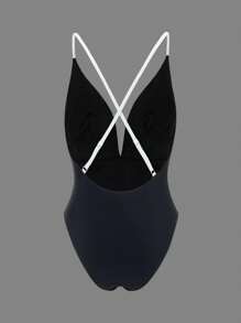 Swim Chiccia Chicsea Women Elegant Color-Block Front Compression Bar Criss-Cross Back One Piece Swimsuit For Summer Beach Vacation - Black and White - View 8