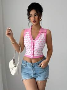 Elenzga Women Heart Pattern Front Button Camisole Thin Cardigan - Pink - View 6