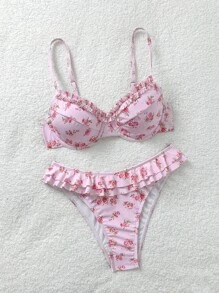 Soleia Pink Bathing Suit Vacation Outfits Women Beach Outfits For Woman Women's Floral Print Pink Bikini Set, Cute, Kawaii