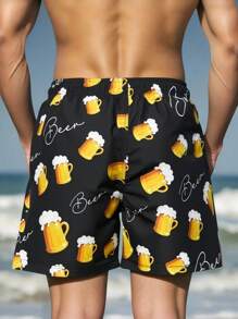 Solantero Pantalones cortos de playa con cordón de cintura y estampado de cerveza para hombres, ropa de playa de estilo vacacional para hombres, pantalones cortos de playa, ropa de playa con estilo casual y lindo para uso al aire libre en la playa, ropa de playa hawaiana - Negro - Ver 2