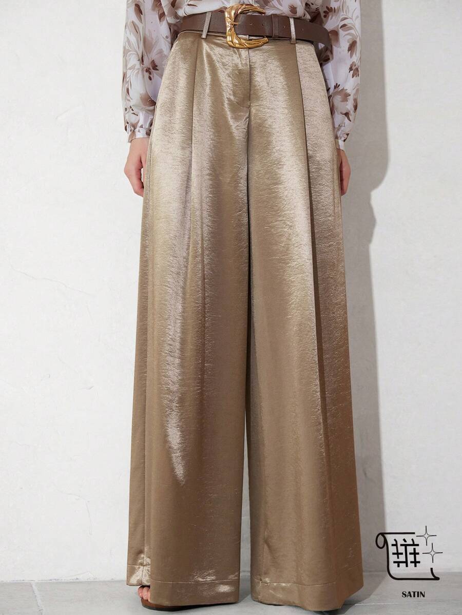 Aveloria Modichic Quần dài công sở cao cấp rộng rãi thanh lịch bằng vải satin dài tôn dáng có thắt lưng da giả cho nữ - Màu nâu  Mocha - Xem 1