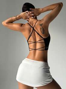 SHEIN Sports Women Seamless Knit Sports Bra With Criss-Cross Back Straps, High Elasticity And Comfort, Black - Black - View 2