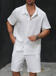 Manfinity Homme Plus Size Men's White Front Button Closure Short Sleeve Shirt And Pocket Shorts Set,Summer Casual Vacation Holiday Clothes,Shirt Co Ords For Men - White - View 6