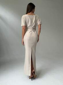 Aloruh New Minimalist Fashion Commuter Batwing Sleeve Slimming Conceal Chest Waist Ruched Dress - Khaki - View 2