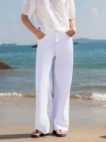 Lumivelle 女士休闲中腰直筒牛仔裤，带口袋，百搭 - 白色 - 查看 8