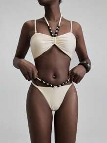 Ontre Conjunto de Traje de Banho para Mulheres de Estilo de Férias, Maiô Branco com Contas Decoradas Aleatoriamente, Maiô Preto, Conjunto de Natação de Praia, Nova Moda em 2025 - Branco - Visão 1
