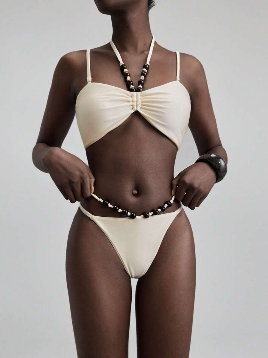 Ontre Conjunto de Traje de Banho para Mulheres de Estilo de Férias, Maiô Branco com Contas Decoradas Aleatoriamente, Maiô Preto, Conjunto de Natação de Praia, Nova Moda em 2025 - Branco - Visão 1
