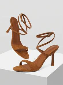 MOTF PREMIUM WOMEN'S 8.8CM SUEDETTE DEER SKIN STRAP BUCKLE FASHION MINIMALIST COMFORTABLE PEEP TOE HIGH HEEL SANDALS, BROWN FOR CHRISTMAS - Brown - View 3