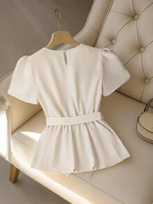 Franclia Women's Elegant Beaded Design Round Neck Cinched Waist Short Sleeve Blouse, Summer - Apricot - View 2