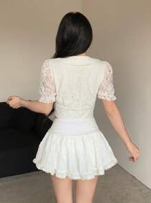 Modelyn Blusa elegante de unicolor con cordón y dobladillo con encaje para mujeres - Albaricoque - Ver 2