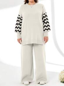 SHEIN Cottnline Striped Color Block Sweater And Pants Two Pieces Set - White - View 4