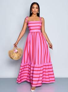 SOLERSUN 女式飘逸条纹长裙，肩带和胸部褶皱细节，适合度假、海滩、通勤和休闲穿着，优雅礼服（随机花卉） - 粉色 - 查看 7