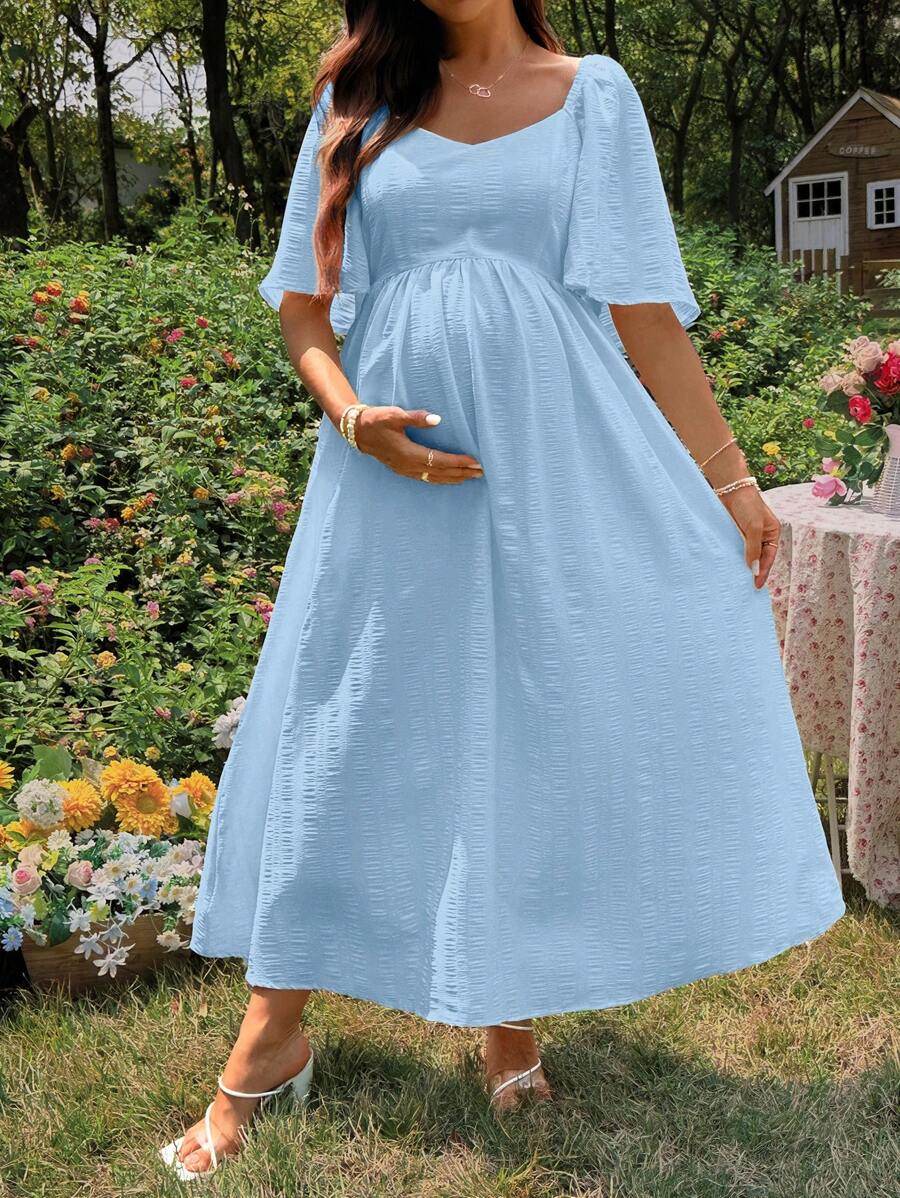 SHEIN 孕妇纯色短袖连衣裙,夏季时尚 - 藍色 - 查看 1