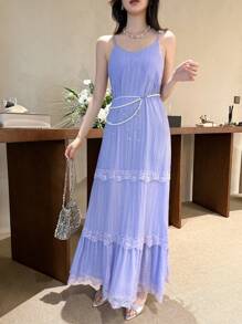 Celisse 女士优雅蕾丝边细肩带长裙，紫色