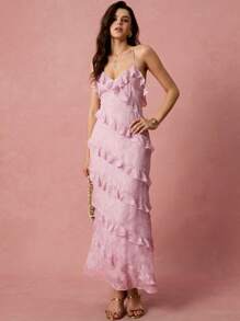 Enchnt Vestido largo de sirena con escote en V, tirantes finos y espalda descubierta, con volantes en el bajo, en color rosa pastel, romántico y elegante para mujer. Ideal para vacaciones, citas, fiestas, graduaciones, bodas, fiestas de verano y playa. - Rosa - Ver 2