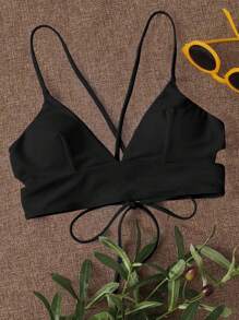 SHEIN Swim 女士纯色系带装饰性感比基尼上衣，适合夏季海滩 - 黑色 - 查看 1