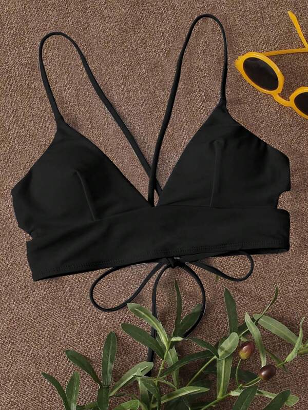 SHEIN Swim بكيني نسائي علوي بحزام ربط باللون الأحادي، جذاب للشاطئ الصيفي