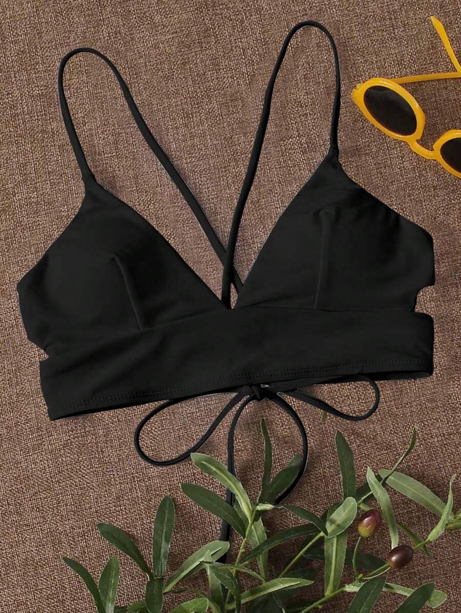 SHEIN Swim 女士纯色系带装饰性感比基尼上衣，适合夏季海滩 - 黑色 - 查看 1