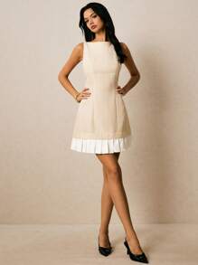 Poéselle Rochie mini elegantă fără mâneci, cu tiv plisat și blocuri de culoare pentru femei - Caisă - Vizualizare 4