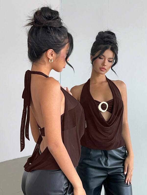 Aloruh New Sexy Semi-Sheer Plunging Neck Halter Backless Metallic Decor Vest