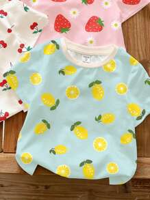 SHEIN 4 件可爱多巴胺水果和花朵印花圆领短袖基本款 T 恤，适合年轻女孩，休闲简约，适合春夏季，清凉度假