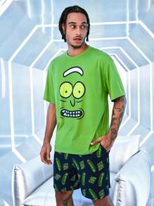 Rick and Morty X SHEIN Conjunto de pijama de camiseta de manga corta de corte holgado con estampado gráfico de dibujos animados divertidos y pantalones cortos para hombre para el verano
