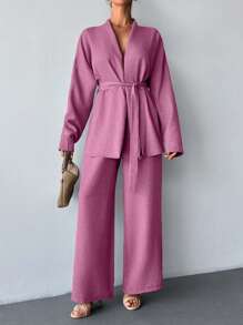 EURMUSE Two Pieces With Belt Details, Cozy Sets, Easy To Wear At Home And Outdoor - Dusty Pink - View 6