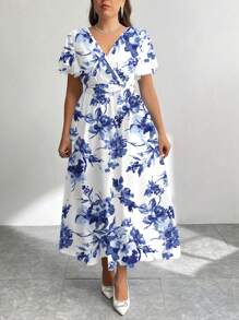 Modelyn Casual Retro BlueFloral Pattern Loose Plus Size Dress, Suitable For Autumn/Winter Boho Suitable For Going Out Chic Dress - Blue and White - View 5