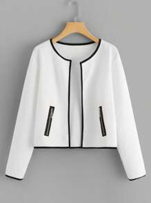 Ellevyn Contrast Trim Zip Detail Coat - White - View 2