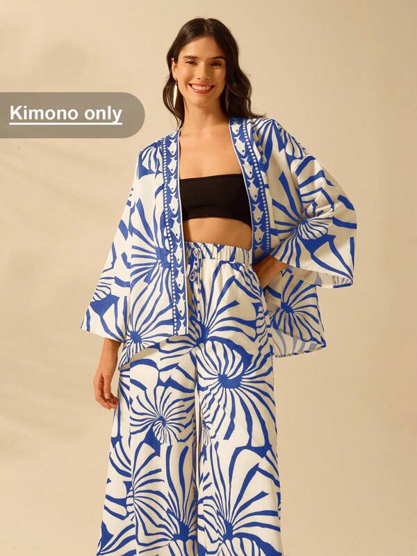 CAJUNI Women Boho Tropical Print Lantern Sleeve Loose Summer Beach Cover Up Cover Up, Casual Holiday
