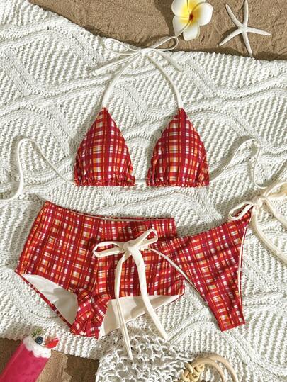 Swim Mod 3 件套女士格子吊带比基尼上衣（带系带）、三角形比基尼下装和短裤