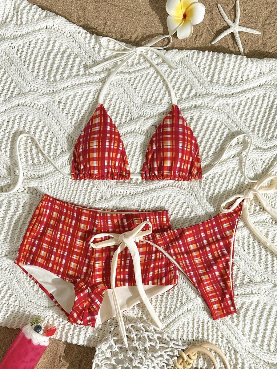 Swim Mod Bộ 3 áo bikini kẻ caro hở lưng cho nữ kèm dây buộc, quần bikini tam giác và quần short - Nhiều màu - Xem 1