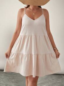 SHEIN VCAY Plus Tie Back Ruffle Hem Cami Dress - Apricot - View 2