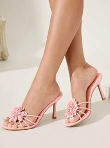 CUCCOO CHICEST Women's Summer New Elegant Faux Leather High Heel Sandals With Cross Strap And 3D Floral Design, Suitable For Tea Party, Date, Fashion Party, Vacation, Beach - Pink - View 5