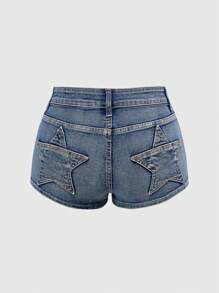 ROMWE Grunge Punk Shorts vaqueros mini súper ajustados con bolsillos estilo punk estrella talla grande sexy - Celeste - Ver 1