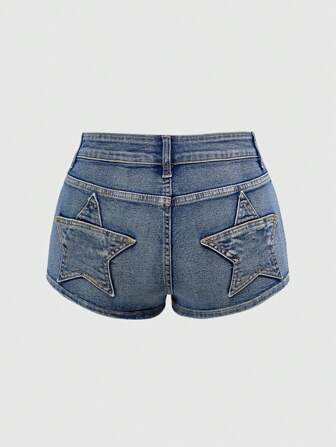 Grunge Punk Plus Size Sexy Punk Star Pocket Skinny Denim Super Mini Shorts