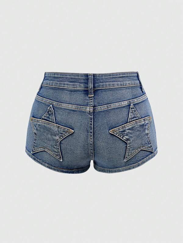 ROMWE Grunge Punk Plus Size Sexy Punk Star Pocket Skinny Denim Super Mini Shorts