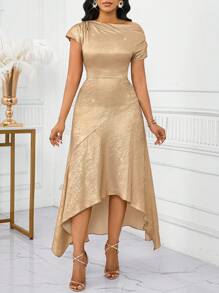 SHEIN Lady 斜领金色面料女士中长连衣裙优雅连衣裙毕业礼服/婚礼宾客礼服女士生日和活动礼服/办公室礼服/教堂礼服/婚礼礼服/节日礼服/ - 金色 - 查看 6