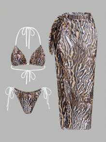 Bonvoyette 3pcs/Set New Leopard Print Mix Solid Color Triangle Halter Sexy Elegant Bikini Set With Long Mesh Beach Dress For Women For Summer Beach Vacation