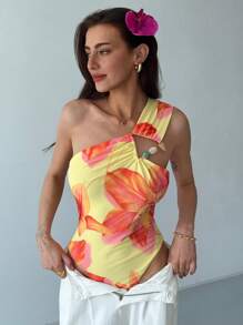 Aloruh Nuevo body de ajuste ceñido con cuello de ojo de cerradura en color liso, de estilo bohemio romántico con impresión floral de malla triangular y detalle de tirantes cruzados