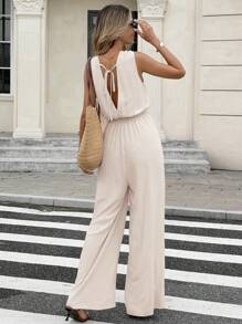 Serisse Women's Solid V-Neck Backless Sleeveless Jumpsuit, Summer Casual