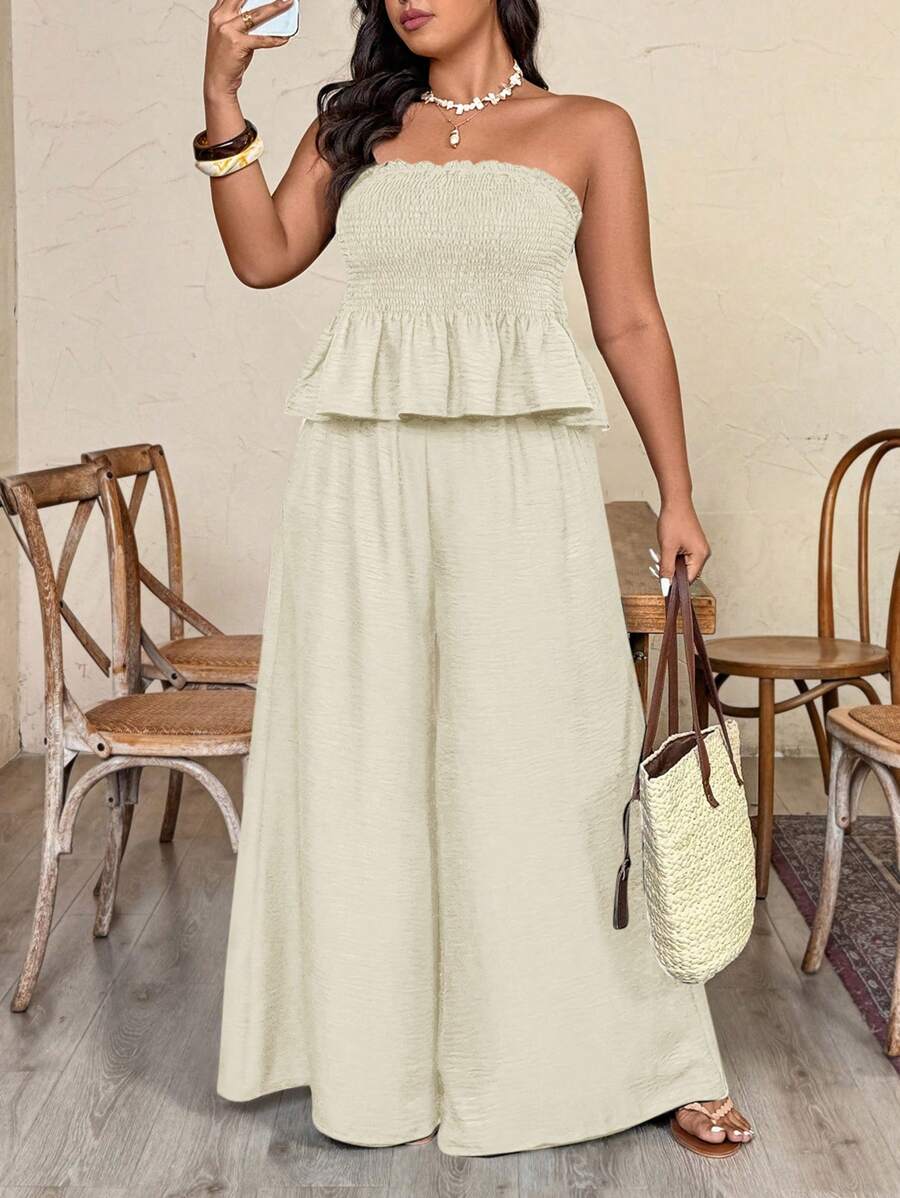 SHEIN Clasi 大码女式春夏度假褶皱面料褶皱紧身胸衣和阔腿裤两件套 - 杏色 - 查看 1