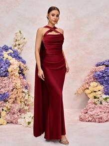 SHEIN Belle Abito da damigella d'onore elegante e romantico in chiffon opaco con drappeggio, spalle scoperte, senza spalline, aderente, a sirena