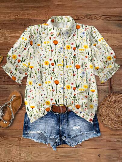 SHEIN LUNE Vintage Baroque Style Ditsy Floral Short Sleeve Shirt, Japanese/Hong Kong Style Aesthetic